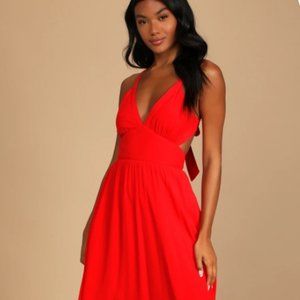 LULU's Bright Red Tie-Back Midi Dress With Pockets